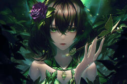 Rule 34 | 1girl, bare shoulders, brown hair, bug, butterfly, collarbone, crossed bangs, detached sleeves, dress, flower, green butterfly, green dress, green eyes, grimlight, hair between eyes, hair flower, hair ornament, holding, insect, jewelry, light particles, long sleeves, looking at viewer, medium hair, necklace, open mouth, outdoors, plant, portrait, purple flower, purple rose, rose, sidelocks, solo, strapless, strapless dress, tongue, und0, upper body