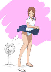 Rule 34 | 1girl, absurdres, breasts, brown eyes, brown hair, cameltoe, clothes lift, collarbone, electric fan, fanning self, full body, highres, houkago teibou nisshi, kuroiwa yuuki, open mouth, panties, short hair, simple background, skirt, skirt lift, small breasts, solo, standing, underwear, white panties