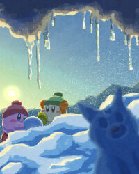 Rule 34 | blue eyes, blush stickers, brown eyes, day, green headwear, highres, icicle, kirby, kirby (series), miclot, nintendo, no humans, open mouth, outdoors, pink headwear, playing, pom pom (clothes), shoes, smile, snow, snowball, sun, waddle dee, winter, woollen cap, yellow footwear