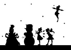 Rule 34 | 4girls, absurdres, bad id, bad pixiv id, bow, cirno, daiyousei, embodiment of scarlet devil, flying, greyscale, hair bow, highres, kitazinger, letty whiterock, long hair, monochrome, multiple girls, outstretched arms, rumia, short hair, silhouette, snowflakes, snowman, spread arms, touhou, wings
