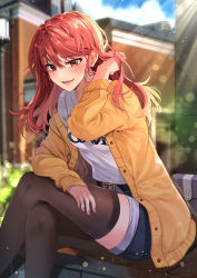 Rule 34 | 1girl, bag, black thighhighs, blush, casual, chocho (homelessfox), crossed legs, denim, denim shorts, earrings, feet out of frame, hand in own hair, handbag, jacket, jewelry, leather belt, light particles, long hair, looking at viewer, nail polish, open mouth, original, outdoors, red eyes, red hair, shirt, shorts, sitting, smile, solo, sunlight, thighhighs, white shirt, yellow jacket
