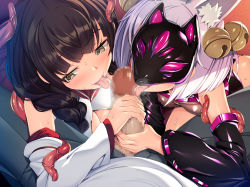 Rule 34 | 2girls, :p, black eyes, black hair, blush, braid, breasts, breath, censored, cleavage, cooperative fellatio, detached sleeves, embarrassed, eyebrows hidden by hair, fellatio, from above, half mask, highres, japanese clothes, large breasts, legs, licking, licking penis, mask, miko, mosaic censoring, multiple girls, oral, original, penis, pov, purple hair, short hair, sitting, small breasts, tentacles, thighs, tongue, tongue out, torisan, twin braids