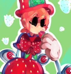 Rule 34 | 1girl, @ @, alternate costume, bad id, bad pixiv id, blush, bow, captain kirb, commentary, dress, extra eyes, eye socket, food, food in mouth, fruit, gloves, green background, hat, holding, holding food, holding fruit, mechanical arms, orange hair, outline, peacock (skullgirls), red eyes, red hat, short hair, simple background, skullgirls, solo, strawberry, top hat, white gloves, white outline