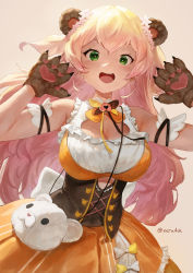 Rule 34 | 1girl, :d, animal ears, armband, bear ears, bear paws, blonde hair, breasts, cleavage, cleavage cutout, clothing cutout, corset, cutout above navel, dress, fang, fang out, flower, frills, gradient background, green eyes, hair flower, hair ornament, highres, hololive, large breasts, light blush, long hair, momosuzu nene, open mouth, sleeveless, sleeveless dress, smile, solo, stuffed animal, stuffed toy, two-tone dress, upper body, virtual youtuber, white flower, zeradok