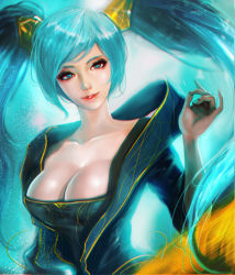 Rule 34 | 1girl, aqua hair, backlighting, bad id, bad pixiv id, blue eyes, blue hair, breasts, cleavage, collarbone, eyeshadow, gradient hair, highres, kyung han kim, large breasts, league of legends, light smile, lips, long hair, looking at viewer, makeup, matching hair/eyes, multicolored hair, nail polish, parted lips, solo, sona (league of legends), twintails, upper body, very long hair