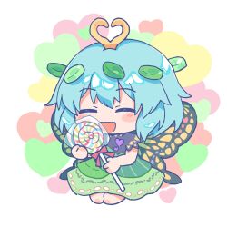 Rule 34 | 1girl, antennae, aqua hair, blush, butterfly wings, candy, closed eyes, dress, eternity larva, fairy, food, full body, green dress, highres, holding, holding candy, holding food, holding lollipop, insect wings, kaoling, leaf, leaf on head, lollipop, multicolored clothes, multicolored dress, open mouth, short hair, short sleeves, smile, solo, touhou, wings