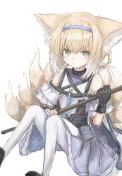 Rule 34 | 1girl, animal ear fluff, animal ears, arknights, bare shoulders, black collar, black footwear, black gloves, blonde hair, blue hairband, braid, braided hair rings, closed mouth, collar, commentary, dress, fox ears, fox girl, fox tail, frilled sleeves, frills, gloves, green eyes, hair between eyes, hair rings, hairband, highres, holding, holding staff, infection monitor (arknights), kitsune, knees up, kyuubi, looking at viewer, material growth, multicolored hair, multiple tails, off-shoulder dress, off shoulder, oripathy lesion (arknights), pantyhose, piennamekuzi, purple dress, short hair, simple background, single glove, sitting, solo, staff, suzuran (arknights), tail, twin braids, two-tone hair, white background, white hair, white pantyhose