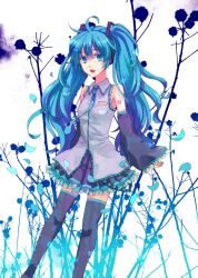 Rule 34 | 1girl, ahoge, blue eyes, blue hair, detached sleeves, female focus, hatsune miku, headset, long hair, matching hair/eyes, nature, necktie, ouru109, skirt, solo, thighhighs, twintails, very long hair, vocaloid, white background