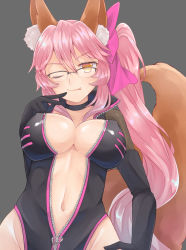 Rule 34 | 1girl, ;p, animal ears, bow, breasts, choker, cleavage, commentary request, covered erect nipples, fate/grand order, fate (series), fox ears, fox tail, glasses, hair bow, highres, koyanskaya (assassin) (first ascension) (fate), koyanskaya (fate), large breasts, long hair, naughty face, navel, no bra, one eye closed, pink hair, skin tight, solo, tail, tamamo (fate), tongue, tongue out, unzipped, very long hair, yellow eyes, yumeha tseru