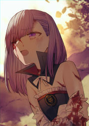 Rule 34 | 1girl, absurdres, albino (a1b1n0623), bad id, bad pixiv id, bare shoulders, blood, blood on clothes, breasts, bruise, commentary request, detached collar, detached sleeves, dress, fate/grand order, fate (series), helena blavatsky (fate), highres, injury, long hair, one eye closed, open mouth, purple eyes, purple hair, small breasts, solo, strapless, upper body, white sleeves
