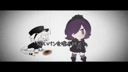 Rule 34 | 1boy, 1girl, animated, beanie hat, boots, bread, chibi, choker, coat, dancing, food, glitch productions, hair over one eye, hat, humanization, keno (uynay), mechanical tail, murder drones, n (murder drones), purple eyes, purple hair, sound, striped clothes, striped thighhighs, tagme, tail, thighhighs, uzi (murder drones), video