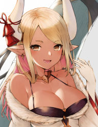 Rule 34 | 1girl, :d, bad id, bad pixiv id, bare shoulders, bikini, bikini top only, black bikini, blonde hair, breasts, brown eyes, cleavage, collar, collarbone, commentary, earrings, elbow gloves, fur trim, gloves, granblue fantasy, hand up, highres, horns, jewelry, koretsuki azuma, kumbhira (granblue fantasy), large breasts, long hair, long sleeves, looking at viewer, off shoulder, open mouth, pointy ears, revision, shirt, sidelocks, simple background, smile, solo, swept bangs, swimsuit, upper body, white background, white gloves, white shirt, wide sleeves