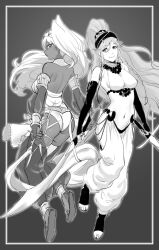 Rule 34 | 2girls, ass, cosplay, costume switch, crossover, dual wielding, fire emblem, greyscale, holding, holding sword, holding weapon, long hair, midriff, monochrome, multiple girls, navel, nintendo, olivia (fire emblem), one-punch man, sinccubi, smile, sword, weapon, yuta (one-punch man)