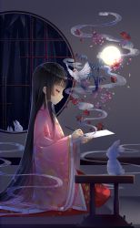 Rule 34 | 1girl, bamboo, bird, black hair, brush, bug, butterfly, closed mouth, commentary, drawing, floral print, flower, from side, full body, full moon, glowing, half-closed eyes, highres, hime cut, holding, holding brush, hoshi ame, houraisan kaguya, indoors, insect, japanese clothes, kimono, layered clothes, layered kimono, leaf, long hair, long sleeves, looking away, looking down, maple leaf, moon, paper, petals, profile, purple eyes, rabbit, revision, seiza, sitting, smile, smoke, touhou, very long hair, wide sleeves, window