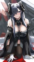 Rule 34 | 1girl, all fours, august von parseval (azur lane), azur lane, bare shoulders, black thighhighs, blurry, blush, breasts, depth of field, detached sleeves, gloves, grey eyes, grey hair, hair over one eye, highres, horns, large breasts, long sleeves, looking at viewer, nicky w, one eye covered, parted lips, smile, solo, thighhighs, white gloves