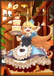 Rule 34 | &gt;:3, &gt;:d, 10s, 2girls, :3, :d, animal hat, apron, armor, armored boots, blonde hair, blue eyes, blush, boots, brown hair, cake, candle, chalkboard, character request, charlotta (granblue fantasy), collared shirt, cover, cover page, crown, cup, doughnut, dress, english text, food, frilled apron, frills, fruit, granblue fantasy, hat, holding, indoors, kettle, legs apart, light, looking at another, maid headdress, multiple girls, o (rakkasei), open mouth, outstretched arm, petticoat, plant, pointing, pointy ears, potted plant, puffy short sleeves, puffy sleeves, shirt, short sleeves, smile, standing, strawberry, strawberry shortcake, swept bangs, teacup, tray, v-shaped eyebrows, waist apron, waitress, window, wing collar, wooden floor, wooden wall, wrist cuffs