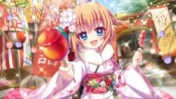 Rule 34 | 1girl, :d, ahoge, architecture, banner, blue eyes, blue sky, candy apple, candy strawberry, chocolate banana, day, dot nose, dutch angle, east asian architecture, film grain, floral print, floral print kimono, flower, food, furisode, game cg, hair flower, hair ornament, hands up, incoming food, izumi tsubasu, japanese clothes, kimono, lantern, lens flare, looking at viewer, new year, non-web source, obi, official art, open mouth, orange hair, outdoors, outstretched arm, paper lantern, pink kimono, print kimono, re:stage!, red flower, sash, shikimiya mana, short hair, sidelocks, sky, smile, solo, sparkle, stairs, star (symbol), stone walkway, torii, tree, white flower
