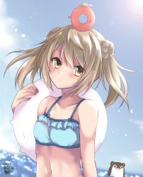 Rule 34 | 1girl, 2others, absurdres, artist logo, blue sky, bokukawauso, brown eyes, cloud, commentary request, creature on head, day, double bun, enemy lifebuoy (kancolle), hair bun, highres, horizon, innertube, kantai collection, mashiro yukiya, michishio (kancolle), multiple others, ocean, one-hour drawing challenge, otter, outdoors, short twintails, sky, swim ring, twintails, upper body