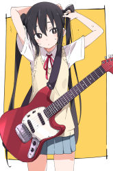 Rule 34 | 1girl, adjusting hair, arms up, black hair, blush, brown eyes, cardigan, closed mouth, electric guitar, fender mustang, grey skirt, guitar, hair between eyes, instrument, ixy, k-on!, long hair, nakano azusa, pleated skirt, red neckwear, red ribbon, ribbon, school uniform, shirt, short sleeves, skirt, solo, thighs, twintails, white shirt, yellow cardigan