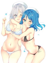 Rule 34 | 10s, 2girls, ;d, arm around neck, arm at side, ashino, bare arms, bare legs, bare shoulders, bikini, black bikini, blue eyes, blue hair, blush, breasts, clenched hand, commentary request, couple, double bun, eyes visible through hair, female focus, hair bun, hair ornament, hair over one eye, hairclip, hamakaze (kancolle), hand up, hat, hug, hug from behind, kantai collection, kiss, kissing shoulder, large breasts, leaning, leaning forward, legs, looking at viewer, medium breasts, midriff, multiple girls, navel, one eye closed, open mouth, round teeth, sailor hat, short hair, side-tie bikini bottom, silver hair, smile, striped bikini, striped clothes, swimsuit, teeth, urakaze (kancolle), water drop, white background, white bikini, white headwear, wince, wink, yuri