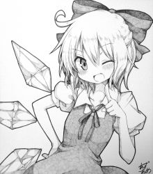 Rule 34 | 1girl, ;d, anzu ame, blush, bow, cirno, dress, fang, greyscale, hair bow, hand on own hip, millipen (medium), monochrome, one eye closed, open mouth, ribbon, shikishi, short hair, signature, smile, solo, touhou, traditional media, upper body, wings, wink