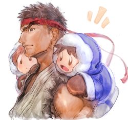 Rule 34 | 1girl, 2boys, black hair, blue eyes, brother and sister, brown hair, brown mittens, capcom, dougi, fur trim, gloves, headband, highres, home (houmei), hood, hooded coat, ice climber, karate gi, male focus, mittens, multiple boys, muscular, nana (ice climber), nintendo, open mouth, popo (ice climber), ryu (street fighter), short hair, siblings, simple background, smile, street fighter, street fighter ii (series), super smash bros., uniform, winter clothes