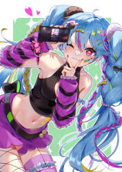 Rule 34 | 1girl, ;), ahoge, armpits, asymmetrical legwear, bandaid, bandaid on face, bandaid on nose, bare shoulders, belt, black belt, black shirt, blue hair, blush, braid, breasts, bridal garter, cellphone, cleavage cutout, clothing cutout, commentary request, crop top, decora, detached sleeves, earrings, frilled sleeves, frills, hair between eyes, hair ornament, hairpin, hatsune miku, heart, highres, holding, holding phone, jewelry, kyashii (a3yu9mi), leaning forward, long hair, looking at viewer, medium breasts, midriff, miniskirt, mismatched legwear, multicolored hair, nail polish, navel, one eye closed, phone, project sekai, purple eyes, purple hair, purple nails, purple skirt, purple thighhighs, rabbit, shirt, single fishnet legwear, skirt, smartphone, smile, solo, sparkling eyes, standing, star (symbol), striped sleeves, thighhighs, twintails, v, vocaloid, what&#039;s up? pop! (vocaloid)