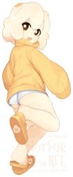 Rule 34 | ass, borrowed character, bright pupils, brown eyes, commentary, crocs, egg (food), egg (lemyawn), egg yolk, english commentary, food, highres, looking at viewer, looking back, monster girl, open mouth, orange sweater, original, shoe dangle, short hair, shorts, slime girl, sweater, teeth, turtleneck, turtleneck sweater, upper teeth only, white pupils, white shorts, yoako