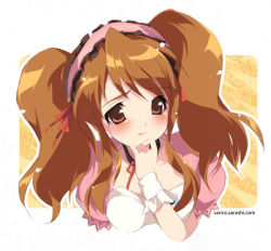 Rule 34 | 00s, 1girl, asahina mikuru, blush, brown eyes, brown hair, choker, collarbone, looking at viewer, official alternate hairstyle, puffy short sleeves, puffy sleeves, shiratama (shiratamaco), short hair, short sleeves, simple background, smile, solo, suzumiya haruhi no yuuutsu, twintails, upper body, waitress, white background, wrist cuffs