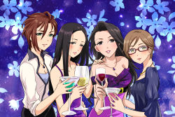 Rule 34 | 10s, 4girls, aikawa chinatsu, alcohol, black hair, blush, breasts, brown eyes, brown hair, cleavage, collarbone, cup, dress, drink, drinking, drinking glass, floral print, glasses, hiiragi shino, idolmaster, idolmaster cinderella girls, jewelry, kiba manami, long hair, looking at viewer, medium breasts, multiple girls, necklace, open mouth, popon ta, red hair, short hair, small breasts, smile, takahashi reiko, wine, wine glass, yellow eyes