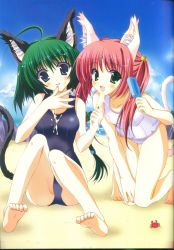 Rule 34 | 2girls, ahoge, animal, animal ears, animal hair ornament, barefoot, beach, black one-piece swimsuit, blue eyes, breasts, cat ears, cat girl, cat hair ornament, cat tail, cloud, collarbone, crab, dengeki moeou, food, green eyes, green hair, hair ornament, highres, holding, kneeling, licking, long hair, looking at viewer, multiple girls, naruse mamoru, ocean, one-piece swimsuit, open mouth, original, pink hair, popsicle, sand, school swimsuit, sexually suggestive, short hair, sitting, sky, small breasts, smile, summer, swimsuit, tail, tongue, tongue out, tree, twintails, water, white one-piece swimsuit
