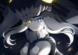Rule 34 | 1girl, abyssal ship, blue eyes, bodysuit, breasts, cape, colored skin, glowing, glowing eyes, headgear, heterochromia, highres, kantai collection, long hair, medium breasts, ranran 3939, solo, tentacles, upper body, white hair, white skin, wo-class aircraft carrier, yellow eyes