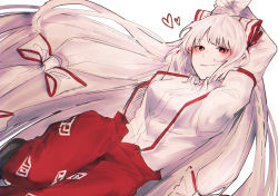 Rule 34 | 1girl, absurdres, arm strap, arms up, black footwear, bow, closed mouth, collared shirt, commentary request, foot out of frame, fujiwara no mokou, hair bow, hand on own arm, heart, highres, long hair, long sleeves, looking at viewer, pants, red bow, red eyes, red pants, shirt, simple background, smile, solo, somei ooo, suspenders, touhou, two-tone bow, very long hair, white background, white bow, white shirt