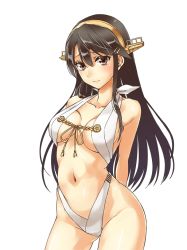 Rule 34 | 10s, 1girl, abo (hechouchou), adapted costume, arms behind back, bikini, black hair, breasts, brown eyes, brown hair, cowboy shot, hair ornament, hairband, hairclip, halterneck, haruna (kancolle), headgear, highleg, highleg swimsuit, kantai collection, large breasts, long hair, looking at viewer, navel, slingshot swimsuit, smile, solo, swimsuit, textless version, transparent background, white bikini
