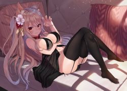 Rule 34 | 1girl, :3, absurdres, animal collar, animal ear fluff, animal ears, ayul (ayulneri 92), azur lane, babydoll, bare arms, bare shoulders, bed, black thighhighs, blush, breasts, brown hair, cleavage, closed mouth, collar, covered erect nipples, crossed legs, dog ears, flower, garter straps, hair flower, hair ornament, hand up, highres, knees up, large breasts, lingerie, long hair, looking at viewer, lying, navel, no shoes, on back, on bed, pillow, red eyes, red flower, shadow, solo, stomach, thighhighs, two side up, underwear, very long hair, white flower, window shadow, yuudachi (azur lane)