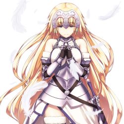 Rule 34 | 1girl, armor, armored dress, bare shoulders, black gloves, blonde hair, blue eyes, braid, closed mouth, commentary request, cowboy shot, enchuu, falling feathers, fate/apocrypha, fate/grand order, fate (series), faulds, feathers, fur trim, gauntlets, gloves, headpiece, highres, jeanne d&#039;arc (fate), jeanne d&#039;arc (ruler) (fate), jeanne d&#039;arc (third ascension) (fate), long hair, own hands clasped, own hands together, plackart, sheath, standard bearer, sword, thighhighs, very long hair, weapon