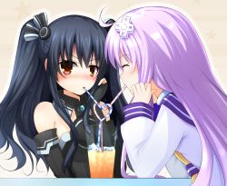 Rule 34 | 2girls, ^ ^, ahoge, bare shoulders, black gloves, black hair, blue sailor collar, blush, breasts, choujigen game neptune, choujigen game neptune mk2, closed eyes, crazy straw, cup, doria (p f dolia), drink, drinking, drinking glass, drinking straw, elbow gloves, closed eyes, gloves, hair ornament, hairpin, halterneck, halterneck, hand on own cheek, hand on own face, happy, heart, heart straw, highres, ice, ice cube, long hair, long sleeves, multiple girls, nepgear, neptune (series), nose blush, pink hair, red eyes, sailor collar, shirt, sidelocks, simple background, sleeveless, striped, sweatdrop, table, twintails, two side up, uni (neptunia), upper body, v-shaped eyebrows, white shirt, wing collar, yellow background, yellow neckwear, yuri