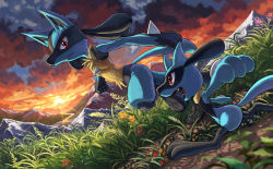 Rule 34 | closed mouth, cloud, commentary, creatures (company), evolutionary line, fangs, flower, furry, game freak, gen 4 pokemon, grass, karamimame, lucario, nintendo, outdoors, outstretched arms, pokemon, pokemon (creature), red eyes, riolu, running, sky, smile, sun, twilight, yellow fur