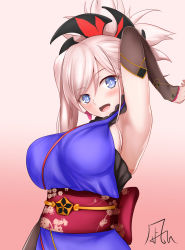Rule 34 | 1girl, arm up, armpits, blue eyes, blush, breasts, earrings, fate/grand order, fate (series), highres, jewelry, large breasts, light purple hair, looking at viewer, miyamoto musashi (fate), miyamoto musashi (first ascension) (fate), nagishy, open mouth, sideboob, smile, solo, upper body