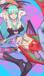 Rule 34 | 2girls, armpits, arms behind head, arms up, bat wings, boots, breasts, capcom, cleavage, curvy, demon girl, green eyes, green hair, highres, large breasts, legs, leotard, licking lips, lilith aensland, long hair, looking at viewer, lying, morrigan aensland, multiple girls, parted lips, pink hair, red eyes, seductive smile, short hair, siblings, sisters, sitting, small breasts, smile, thighs, tongue, tongue out, vampire (game), wide hips, wings