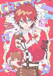 Rule 34 | 1boy, :d, amagi rinne, arm at side, blue eyes, bow, buttons, character name, chest harness, cowboy shot, earrings, english text, ensemble stars!, facing viewer, frilled sleeves, frills, grid, hair between eyes, hand up, harness, heart, highres, holding, holding stuffed toy, inset border, inward v, jacket, jewelry, layered clothes, long sleeves, manamoko (fancy surprise!), nail polish, open clothes, open jacket, open mouth, pencil, red hair, red jacket, red nails, short hair, smile, solo, squiggle, star (symbol), straight-on, stuffed animal, stuffed toy, teddy bear, v, wing collar