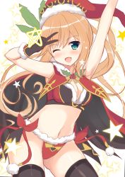 Rule 34 | 1girl, ;d, arm up, black gloves, black thighhighs, blonde hair, bra, breasts, cape, clarisse (granblue fantasy), cleavage, floating hair, fur trim, gloves, granblue fantasy, green eyes, groin, hair between eyes, hat, highres, long hair, medium breasts, navel, one eye closed, open mouth, panties, red bra, red cape, red hat, red panties, santa hat, sketch, smile, solo, star (symbol), thighhighs, tomoo (tomo), underwear, v, white background