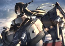 Rule 34 | 10s, 1girl, arm guards, armlet, backlighting, bare shoulders, black hair, brown eyes, cannon, choker, commentary request, crossed arms, elbow gloves, expressionless, fingerless gloves, gloves, hair between eyes, headgear, highres, kantai collection, machinery, nagato (kancolle), navel, outdoors, rigging, sky, solo, standing, sunrise, tsuuhan, turret, weapon