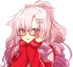 Rule 34 | 1girl, commentary, drill hair, drill ponytail, drill sidelocks, glasses, hands on own cheeks, hands on own face, hyakumantenbara salome, hyakumantenbara salome (casual), jacket, lanlanlap, long hair, nijisanji, pink eyes, pink hair, ponytail, sidelocks, sleeves past wrists, solo, tears, track jacket, upper body, virtual youtuber