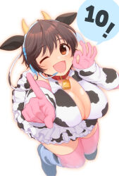 Rule 34 | 1girl, ;d, animal ears, animal print, bell, belt collar, bikini, blush, breasts, brown eyes, brown hair, cleavage, collar, cow ears, cow horns, cow print, cow tail, cowbell, elbow gloves, fake animal ears, fake horns, fake tail, from above, gloves, headset, highres, horns, idolmaster, idolmaster cinderella girls, idolmaster cinderella girls starlight stage, index finger raised, james (jms-pnt), large breasts, loafers, looking at viewer, looking up, oikawa shizuku, ok sign, one eye closed, open mouth, pink gloves, pink thighhighs, shoes, short hair, simple background, smile, socks, solo, speech bubble, swimsuit, tail, thighhighs, white background