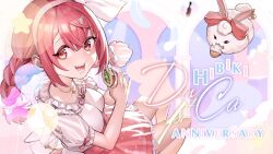 anniversary bow bowtie braid bread food frilled_shirt_collar frills hairband hibiki_du_ca hibikiduca looking_at_viewer mascot nijigen_project open_mouth pink_bow pink_bowtie pink_hair pink_skirt red_eyes short_hair skirt smile twin_braids virtual_youtuber white_bow white_bowtie white_hairband