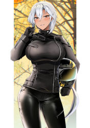 Rule 34 | 1girl, alternate costume, alternate hairstyle, bare tree, biker clothes, black gloves, black jacket, black pants, border, breasts, commentary request, dark-skinned female, dark skin, gloves, grey hair, hair between eyes, helmet, highres, holding, holding helmet, holding removed eyewear, jacket, kantai collection, large breasts, leather, leather jacket, leather pants, long hair, looking at viewer, motorcycle helmet, musashi (kancolle), outdoors, outside border, pants, parted lips, skin tight, smile, solo, tree, unworn eyewear, very long hair, white border, yunamaro