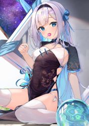 Rule 34 | 1girl, absurdres, armpit peek, black dress, blue eyes, bow, breasts, candy, china dress, chinese clothes, clothing cutout, colored inner hair, covered navel, dress, food, hair bow, hairband, hand up, highres, kuroshiro kanae, lollipop, long hair, looking at viewer, mouth hold, multicolored hair, open mouth, orb, original, panties, pelvic curtain, short sleeves, side-tie panties, side-tie peek, side cutout, sitting, small breasts, solo, string panties, thighhighs, thighs, underwear, very long hair, wariza, white hair, white thighhighs