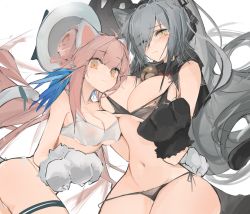 Rule 34 | 2girls, ahoge, alternate costume, animal ears, animal hands, areola slip, arknights, bell, bikini, biting, biting clothes, black bikini, blue feathers, blush, breasts, cat ears, cat tail, ceylon (arknights), cleavage, closed mouth, commentary, cowboy shot, eyes visible through hair, fake animal ears, fake tail, feather hair, feathers, female focus, female pubic hair, gloves, groin, hair between eyes, hair over one eye, hat, large breasts, long hair, looking at viewer, medium breasts, midriff, mikozin, multiple girls, navel, orange eyes, paw gloves, pink hair, pubic hair, pubic hair peek, schwarz (arknights), side-tie bikini bottom, silver hair, simple background, swimsuit, tail, thigh strap, thighs, torn clothes, white background, white bikini, white headwear, yellow eyes