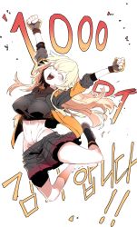 Rule 34 | black shorts, blonde hair, breasts, fingerless gloves, floating hair, girls&#039; frontline, gloves, highres, jacket, jumping, large breasts, long hair, open mouth, s.a.t.8 (girls&#039; frontline), shorts, smile, solo, ssambatea, yellow gloves, yellow jacket
